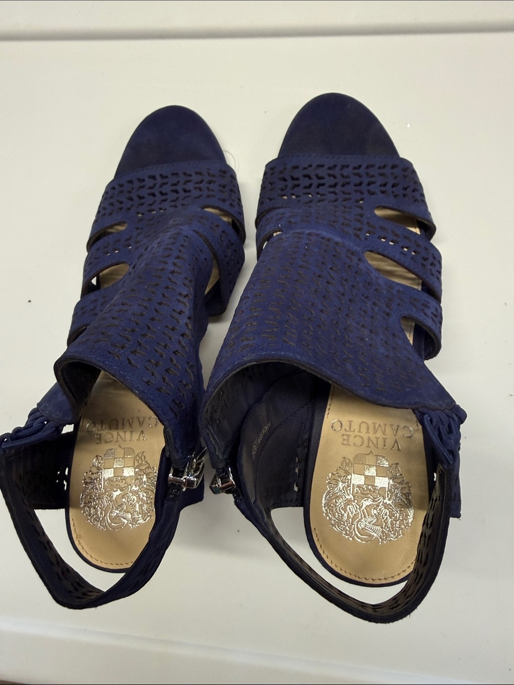 Vince Camuto Navy Perforated Slingback Heels side zippers